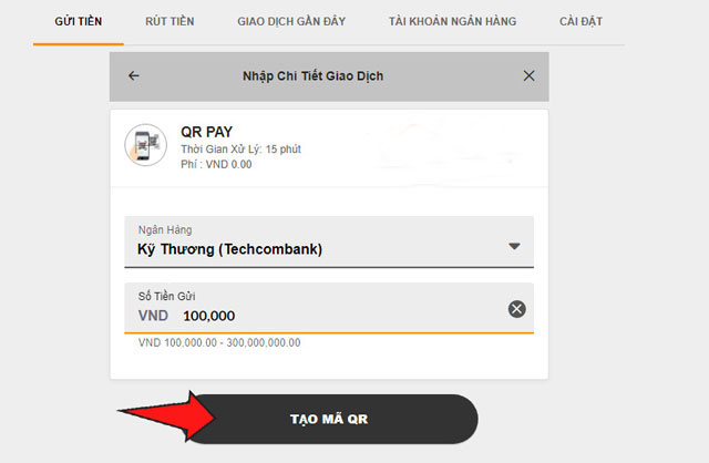 Thanh toán tiền gửi vào tài khoản qua QR Pay